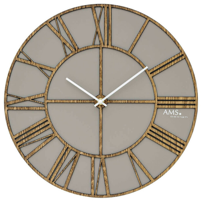 Horloge industrielle murale à chiffres romains grise et bois