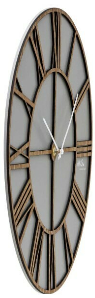 Horloge industrielle murale &agrave; chiffres romains grise et bois_profil