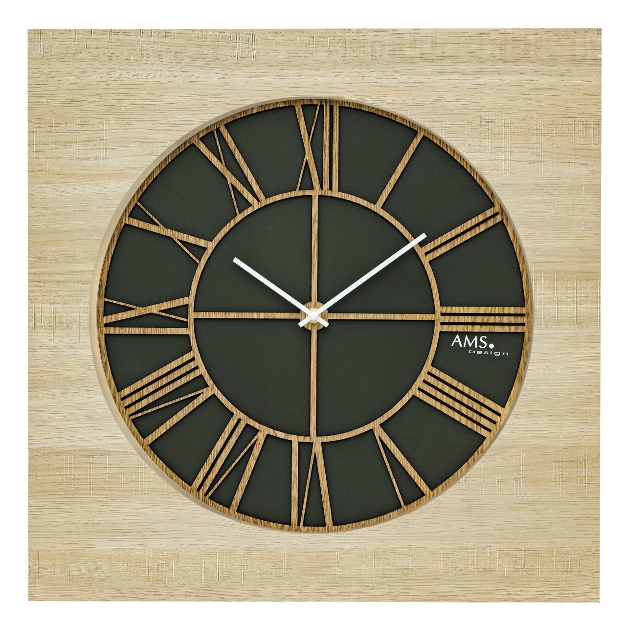 Horloge murale carr&eacute;e en bois chiffres romains