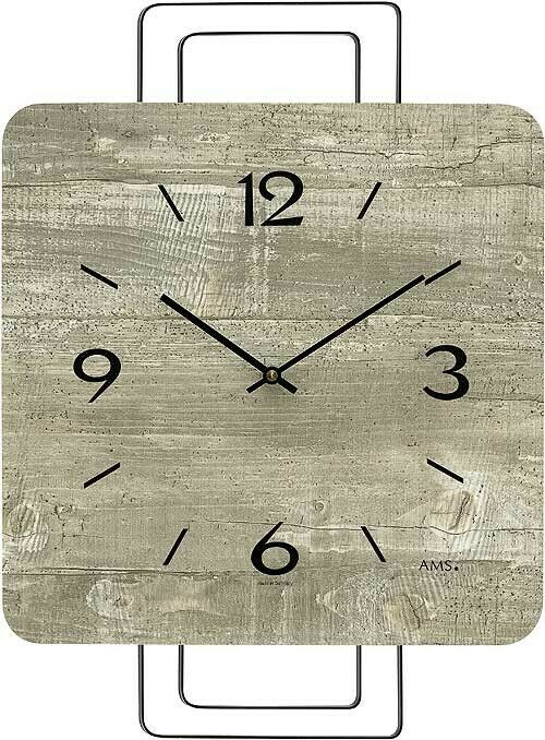 Horloge murale carr&eacute;e en bois aspect b&eacute;ton support m&eacute;tal
