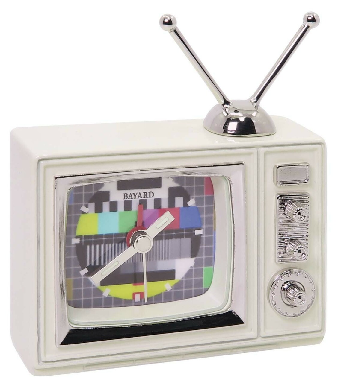 R&eacute;veil miniature en m&eacute;tal blanc poste de t&eacute;l&eacute;vision Bayard