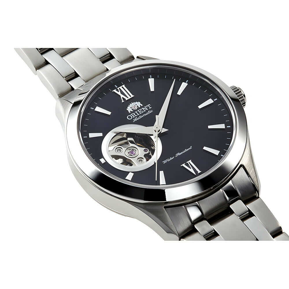 Montre automatique Orient Golden Eye 2 cadran noir homme AG03001B pos&eacute;e plat