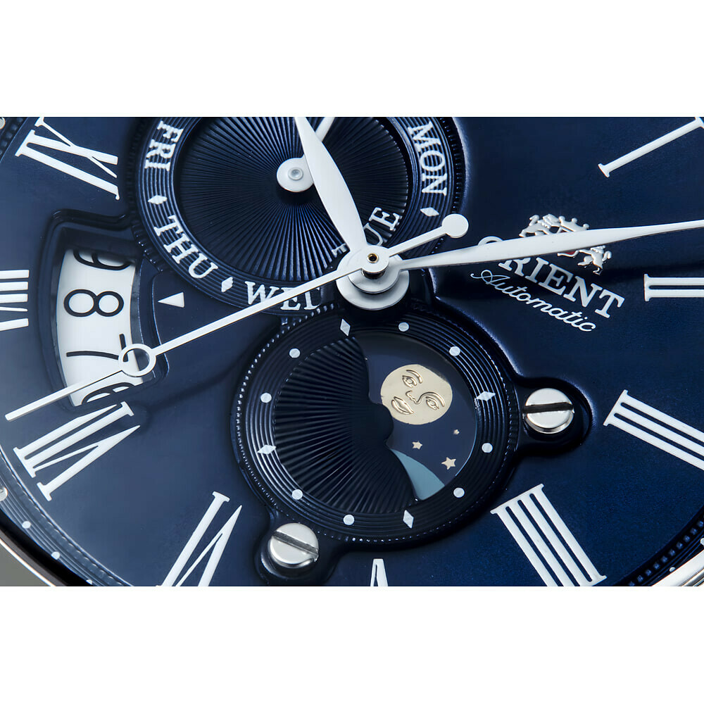 Montre automatique Orient Sun and Moon cadran bleu homme RA-AK0011D zoom cadran 1