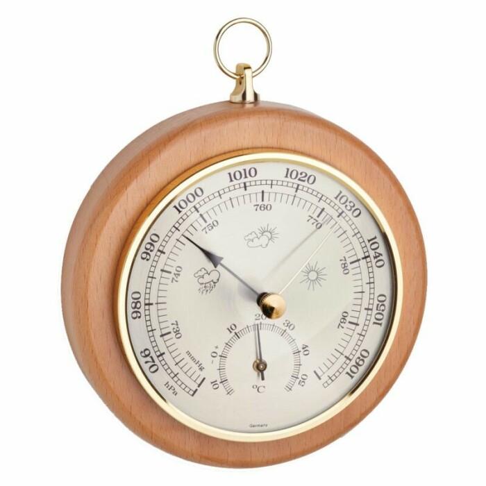 Baromètre mural en bois de hêtre et laiton doré avec thermomètre