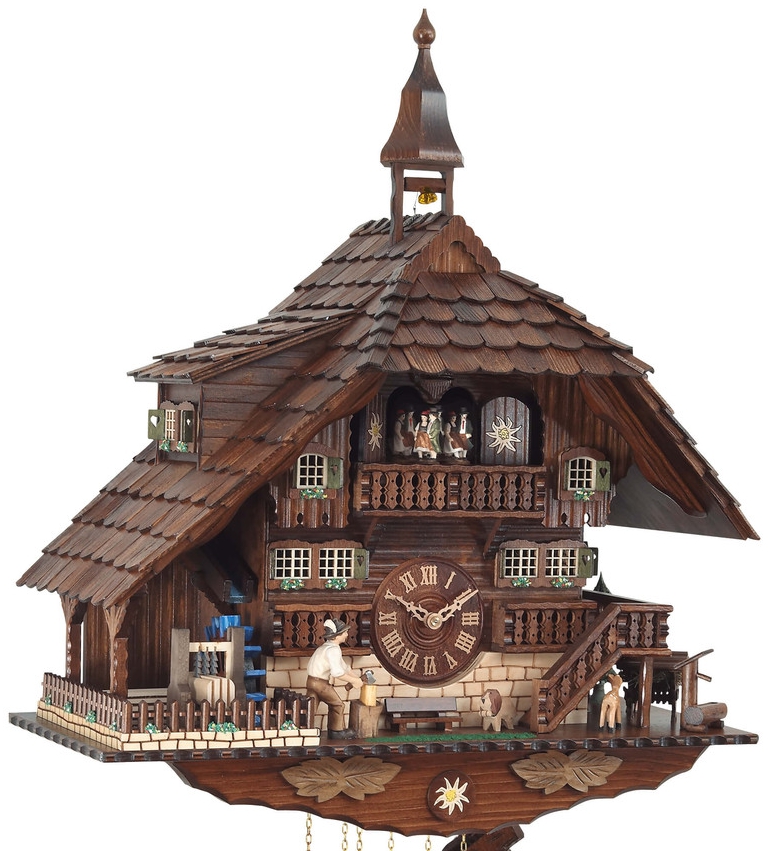 Horloge coucou m&eacute;canique chalet 8 jours 2 &eacute;tages gros plan