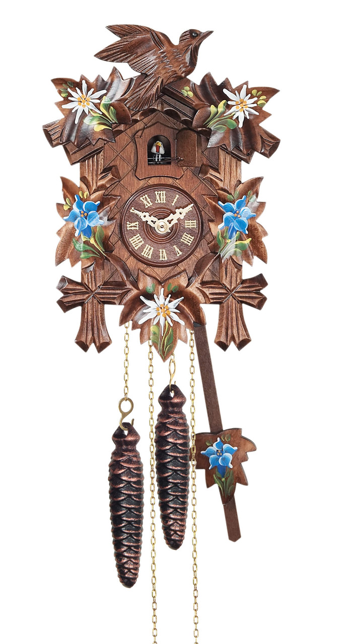 Horloge coucou m&eacute;canique traditionnel 1 jour fleurs peintes bleues 35 cm