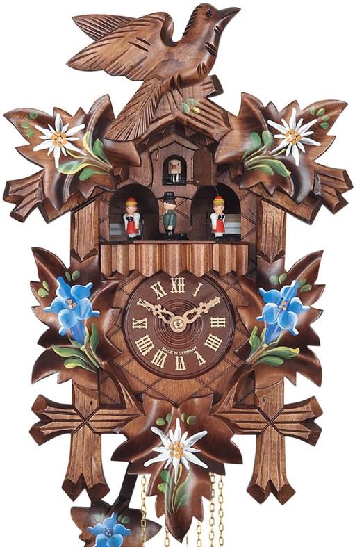 Horloge coucou traditionnel 1 jour musical fleurs bleues gros plan