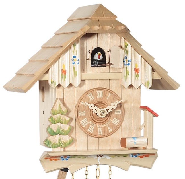 Horloge coucou &agrave; piles chalet couleur bois naturel 20 cm gros plan