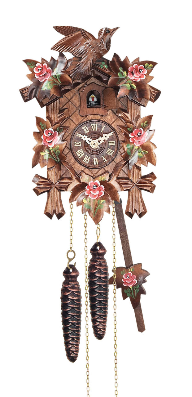 Horloge coucou m&eacute;canique traditionnel 1 jour fleurs roses 35 cm