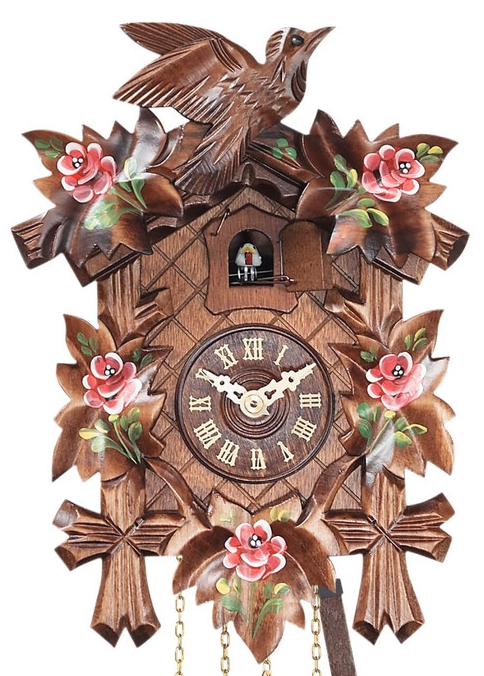 Horloge coucou &agrave; piles en bois oiseau fleurs roses_zoom