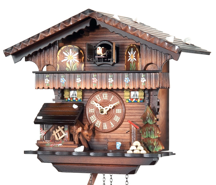 Horloge coucou &agrave; m&eacute;lodie &agrave; piles chalet forestier 26 cm gros plan
