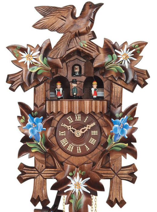 Horloge coucou à mélodie en bois fleurs bleues avec danseurs 35 cm_zoom