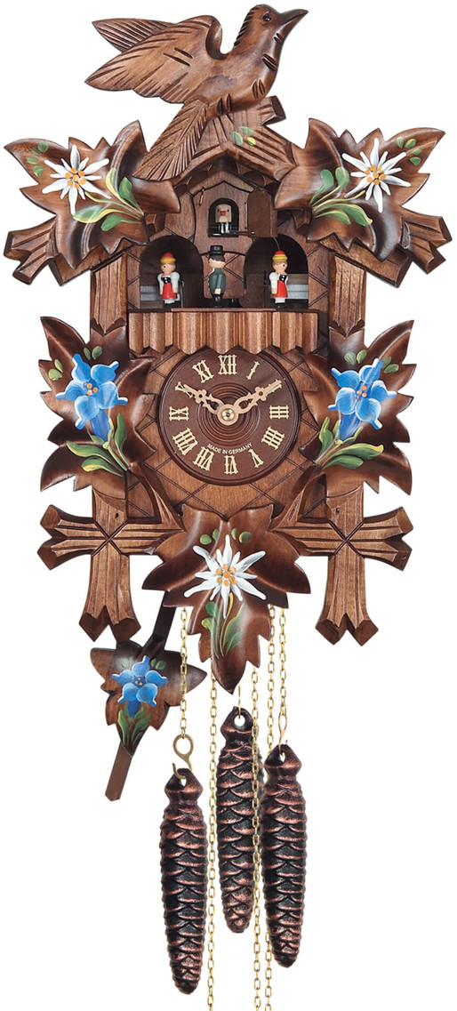 Horloge coucou &agrave; m&eacute;lodie en bois fleurs bleues avec danseurs 35 cm