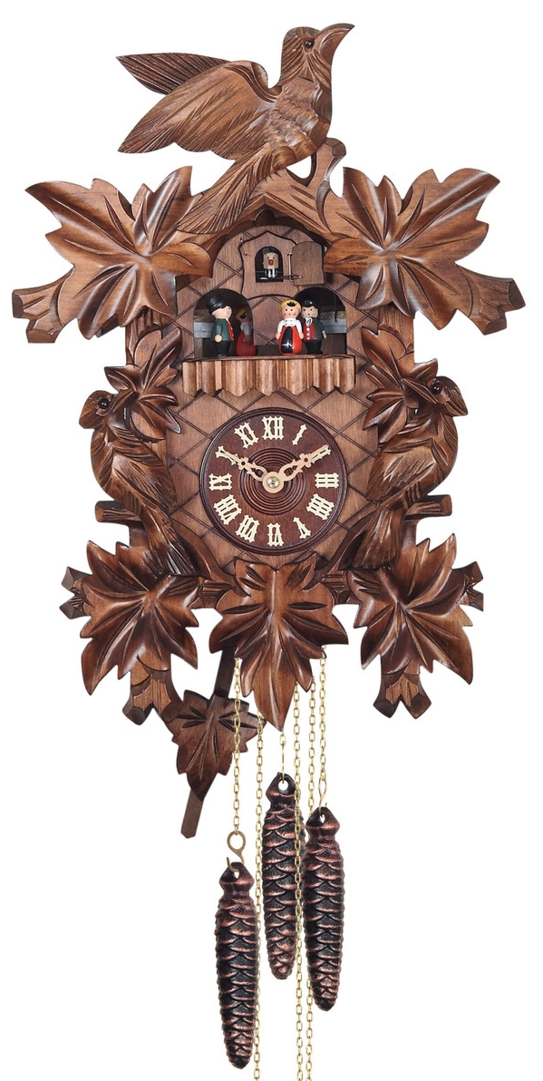 Horloge coucou &agrave; m&eacute;lodie en bois 3 oiseaux et danseurs 37 cm