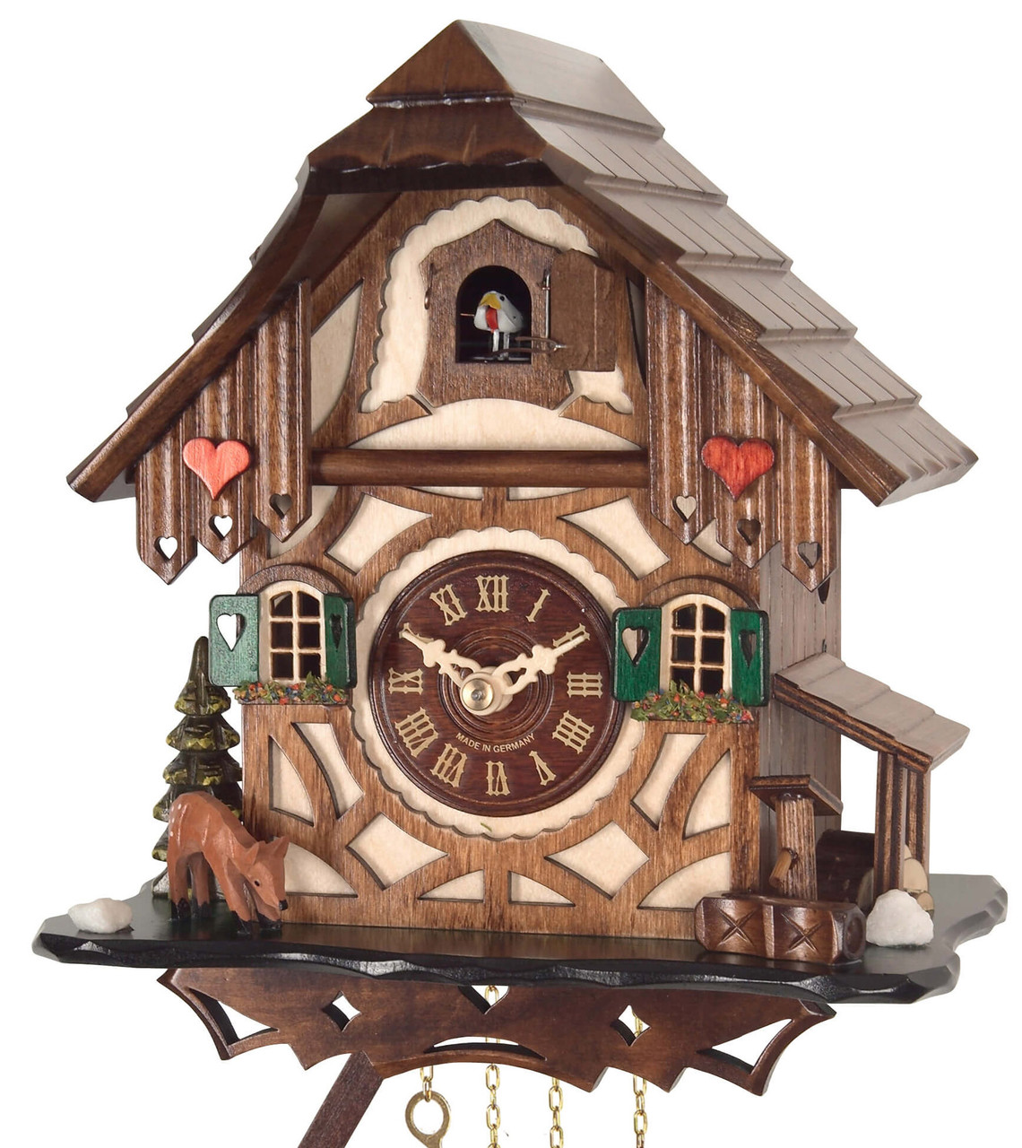 Horloge coucou traditionnel 1 jour chalet petits coeurs gros plan