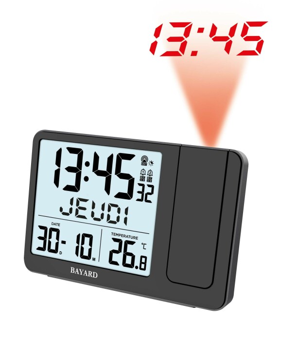 Réveil radio-piloté noir Bayard affichage de la température avec projection de l'heure