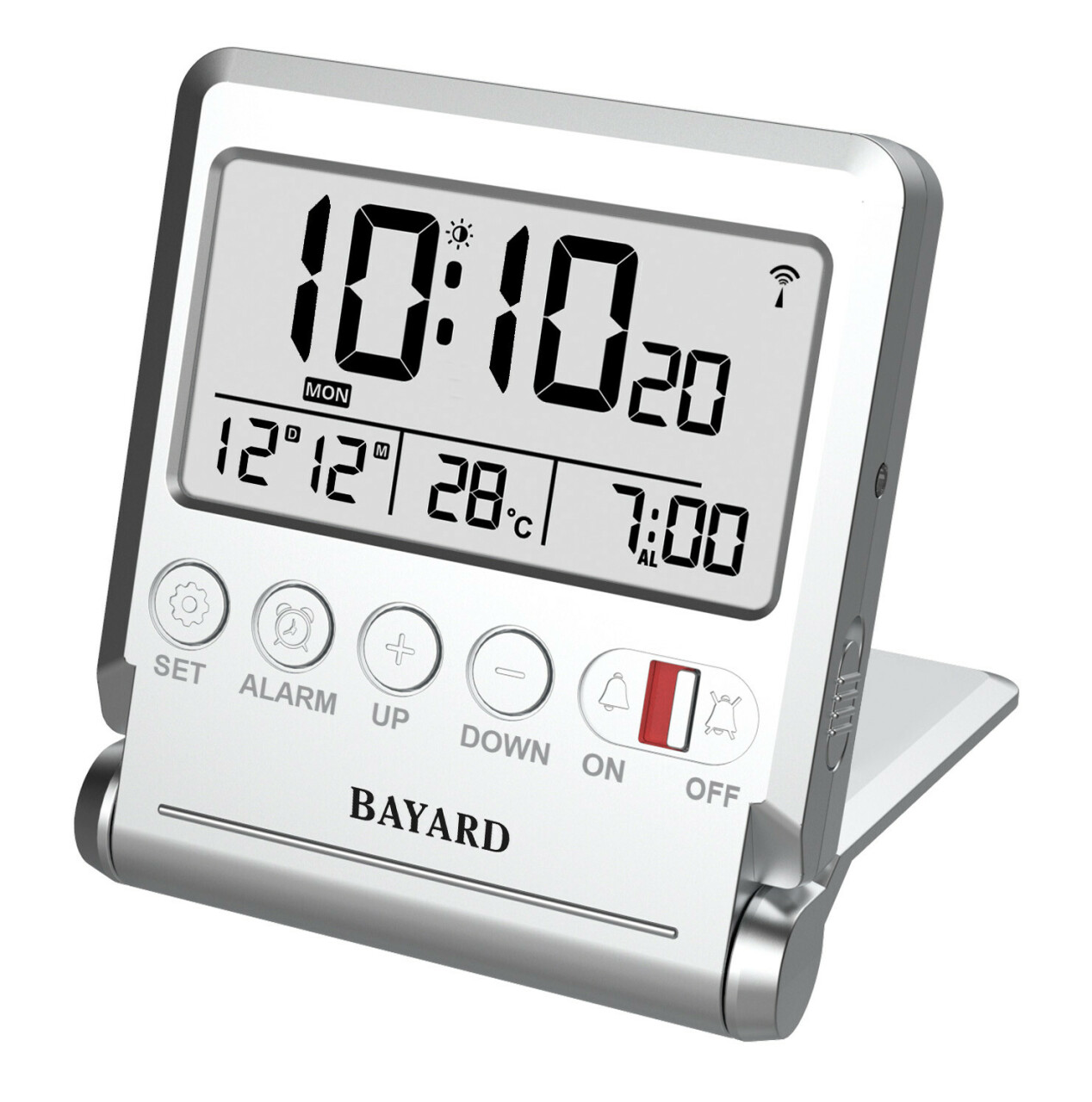 R&eacute;veil de voyage Bayard radiopilot&eacute; avec thermom&egrave;tre argent&eacute;