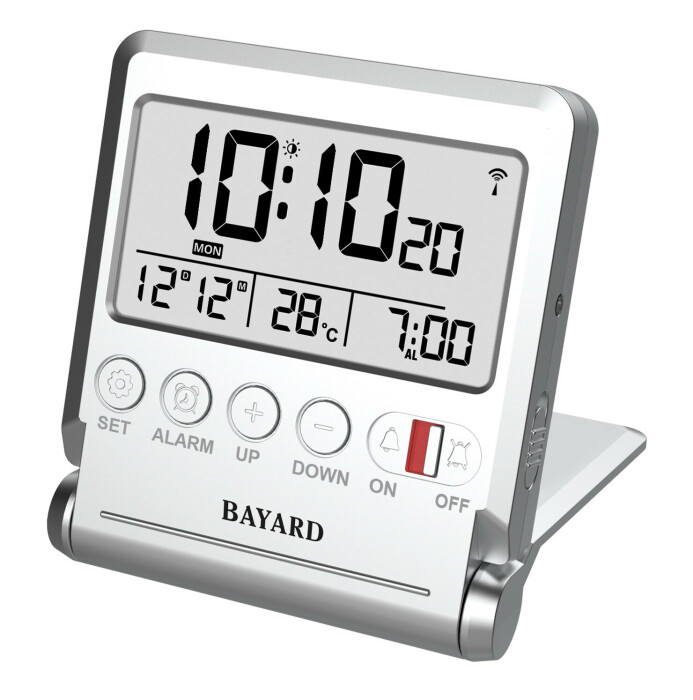 Réveil de voyage Bayard radiopiloté avec thermomètre argenté