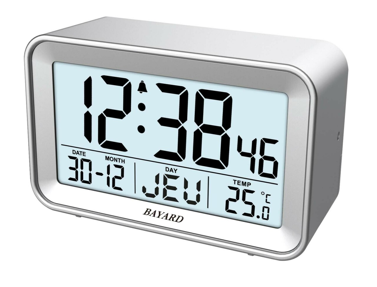 Réveil digital gris Bayard affichage de la date et température