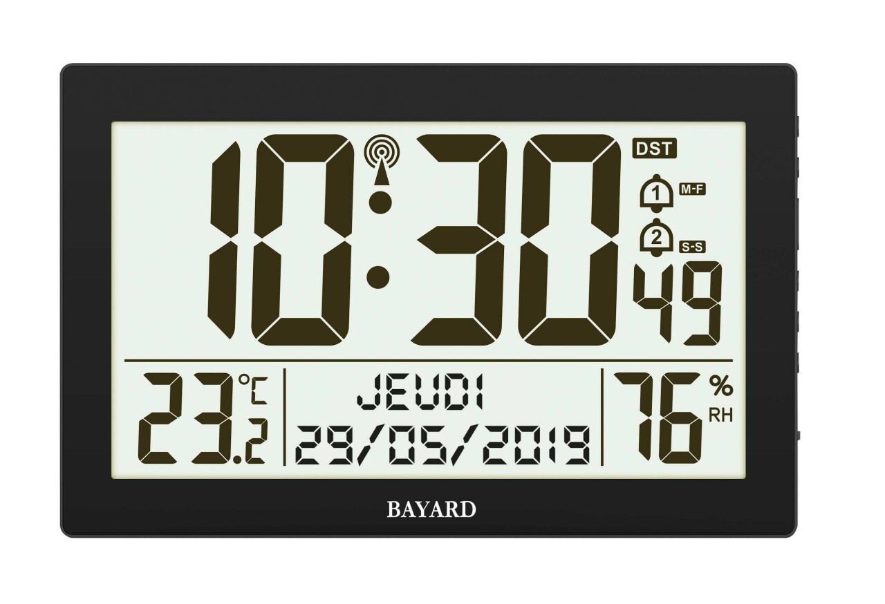Horloge murale digitale radio-pilot&eacute;e noire avec double alarme