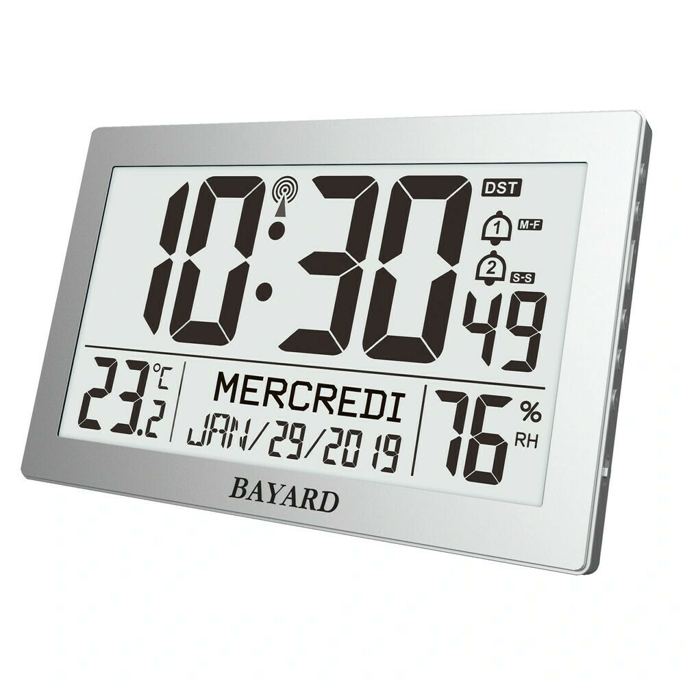 Horloge murale digitale radio-pilot&eacute;e argent&eacute; avec double alarme
