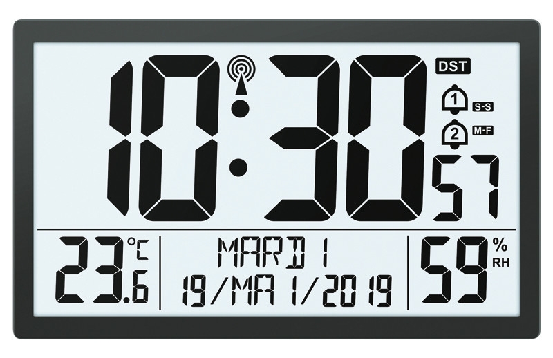 Horloge murale digitale radio pilot&eacute;e grise fonc&eacute;e avec calendrier en fran&ccedil;ais