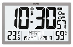Horloge murale digitale radio pilotée grise avec calendrier en français