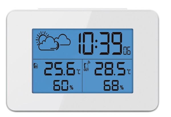 Station météo blanche avec température et hygrométrie