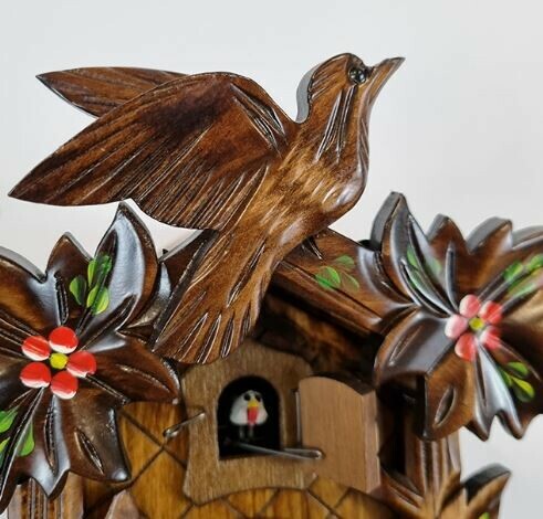 Horloge coucou &agrave; piles &agrave; m&eacute;lodie fleurs rouges_zoom oiseau