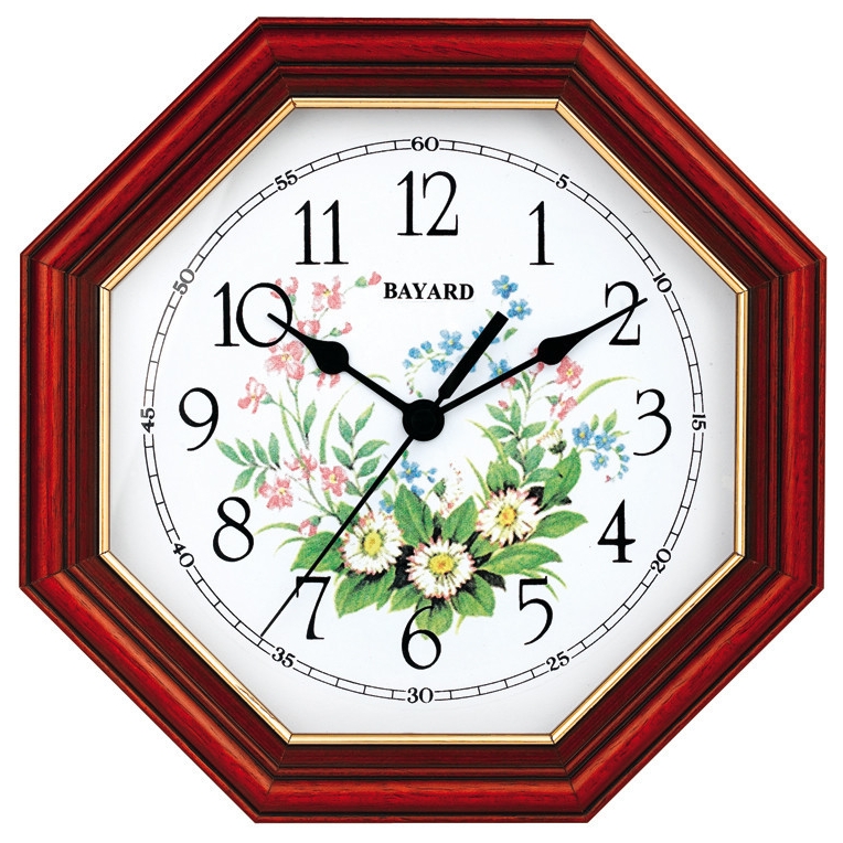 Pendule murale entourage bois cadran motifs fleurs