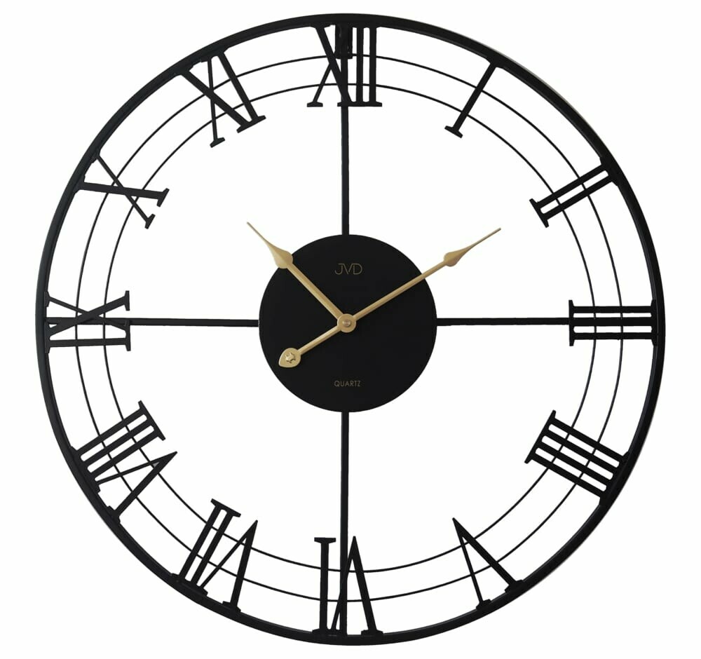 Horloge murale moderne ronde noire et dor&eacute;e chiffres romains