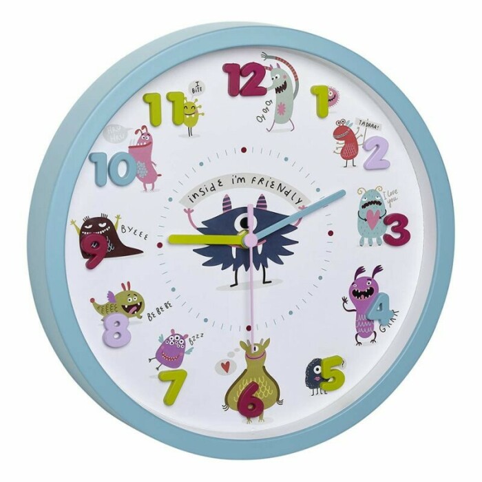 Pendule murale silencieuse bleue pour enfants "petits monstres"