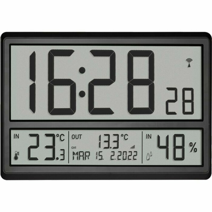 Horloge Reveil Numerique Murale Radiopilotee - Calendrier - 6 Langues - 2  Alarmes - Temperature Ambiante - Murale ou Pied - 24 x 14CM - Motif Bois