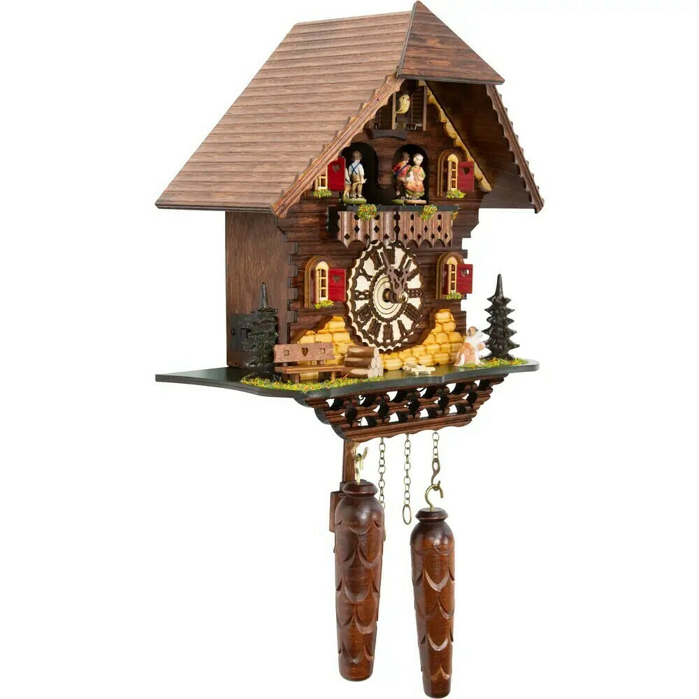 Horloge coucou chalet traditionnel poids d&eacute;coratifs en bois 3 quart