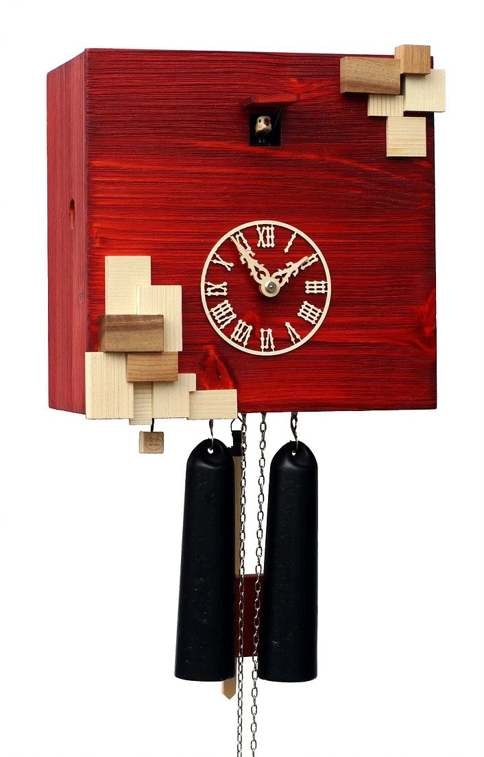 Horloge coucou moderne cube rouge pi&egrave;ces en bois m&eacute;canique