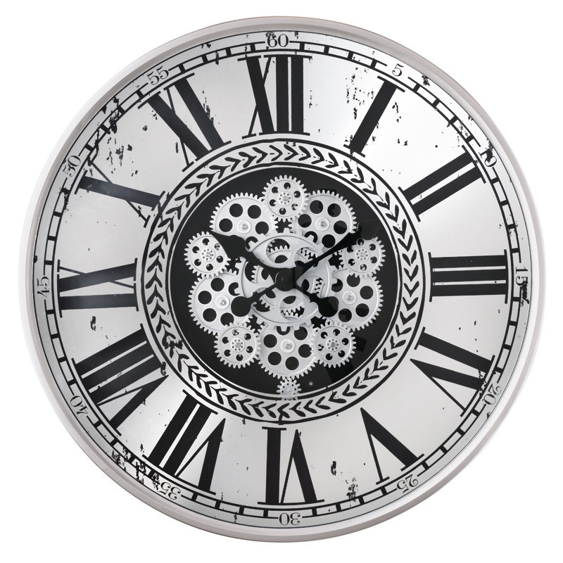 Pendule murale ronde animée miroir chiffres romains