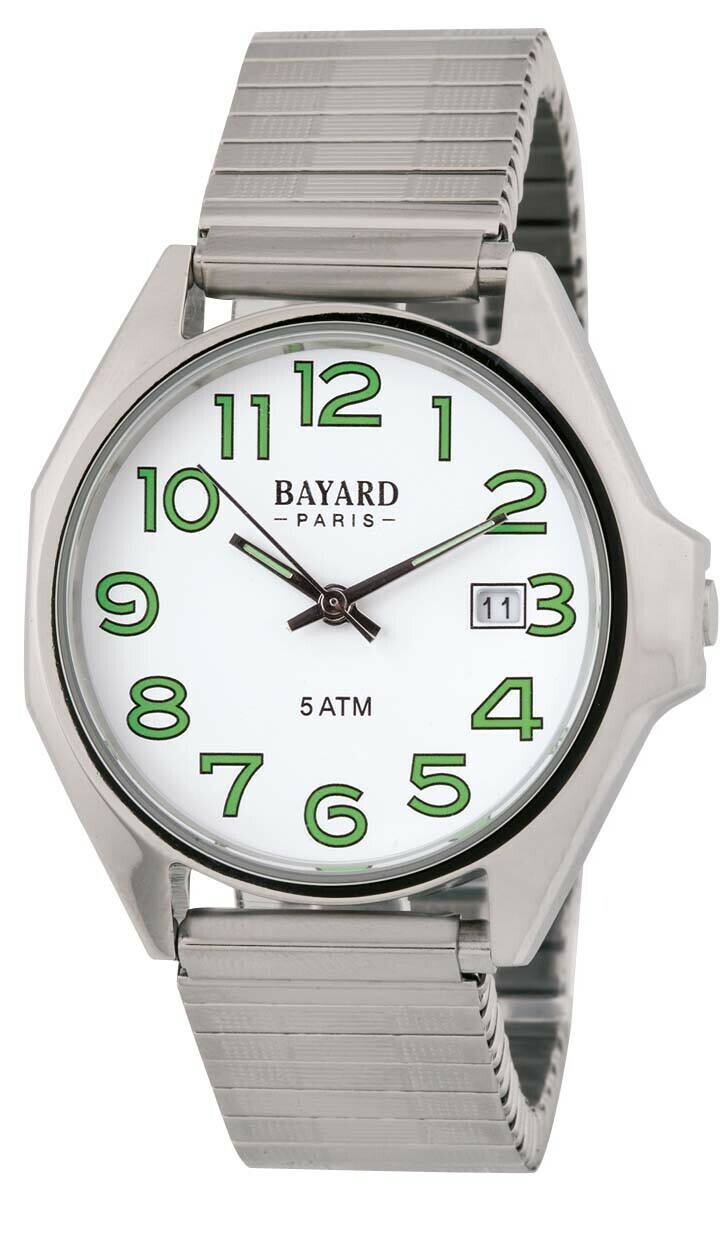 Montre Bayard ronde argent&eacute;e cadran blanc chiffres verts bracelet extensible avec date