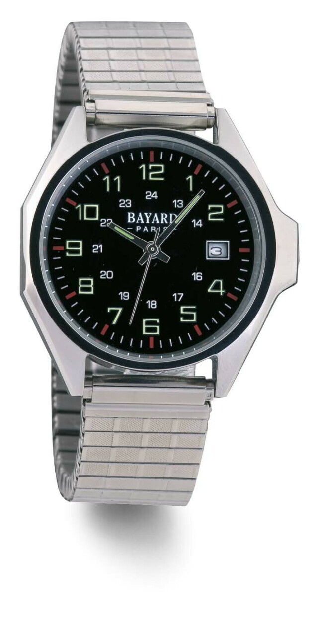 Montre Bayard ronde argent&eacute;e cadran noir bracelet extensible avec date