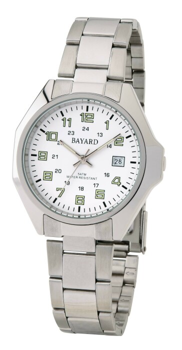 Montre Bayard ronde argentée bracelet boucle déployante avec date et chiffres luminescents