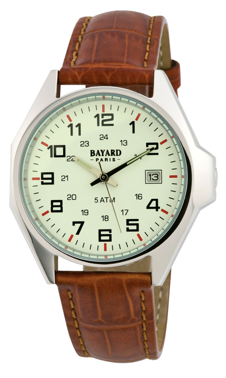 Montre Bayard ronde argent&eacute;e bracelet en cuir marron avec date