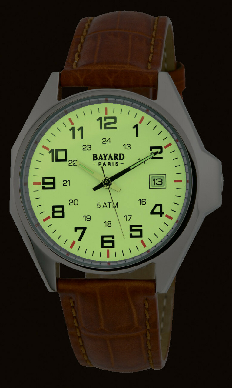 Montre Bayard ronde argent&eacute;e bracelet en cuir marron avec date_nuit