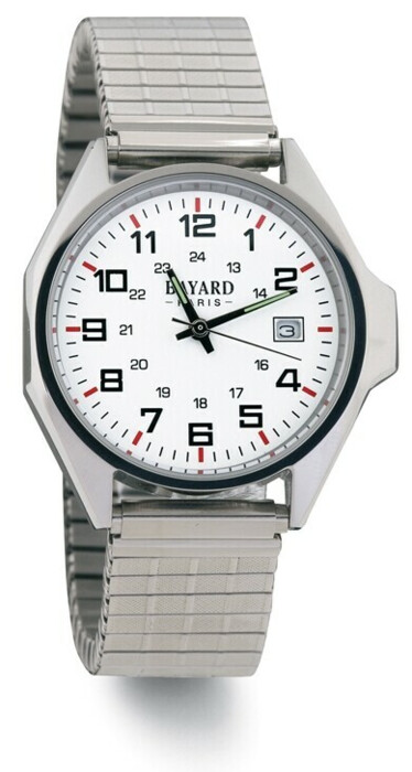 Montre Bayard ronde argent&eacute;e cadran blanc bracelet extensible avec date