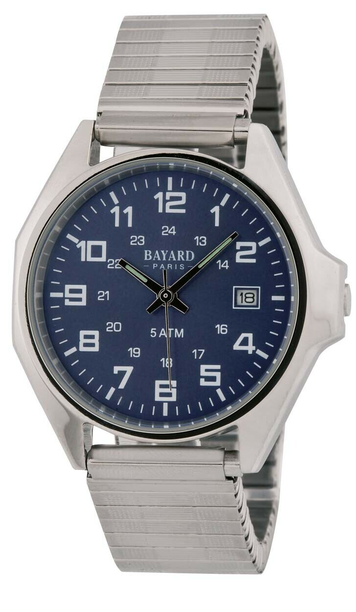 Montre Bayard ronde argent&eacute;e cadran bleu bracelet extensible avec date