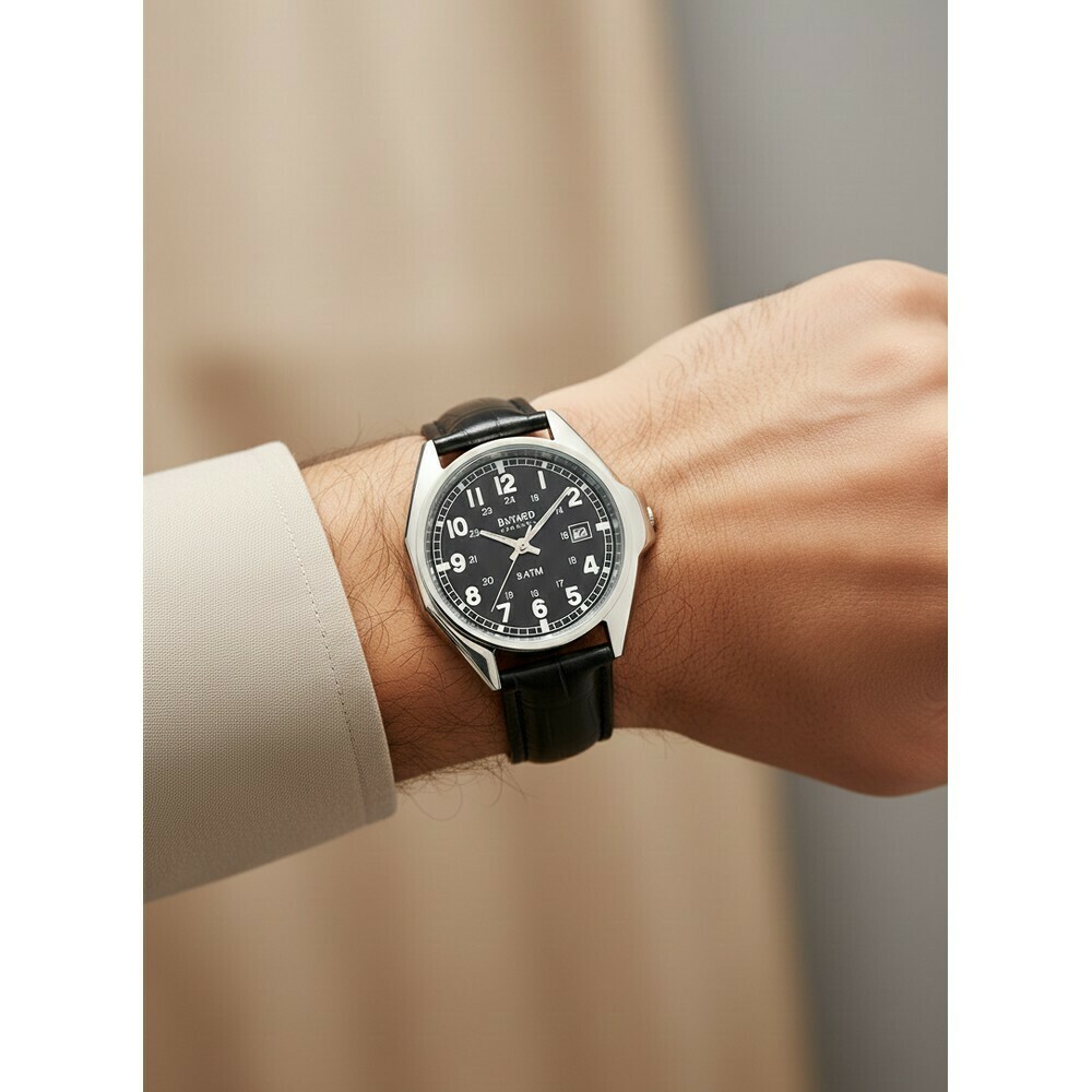 Montre &agrave; quartz ronde pour homme cadran noir bracelet noir au poignet