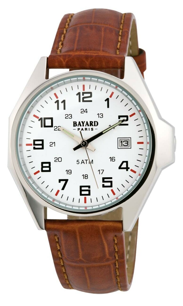 Montre &agrave; quartz ronde pour homme cadran blanc bracelet marron