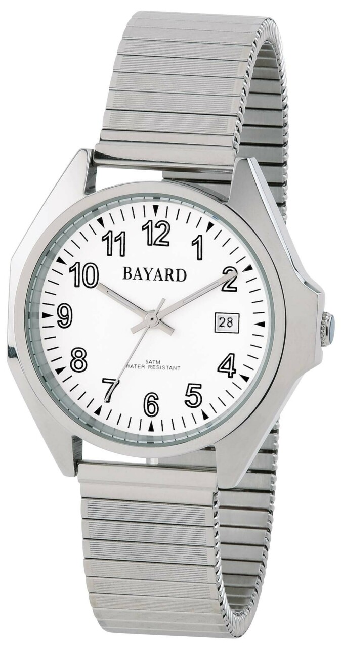 Montre Bayard ronde argent&eacute;e bracelet extensible avec date chiffres pleins