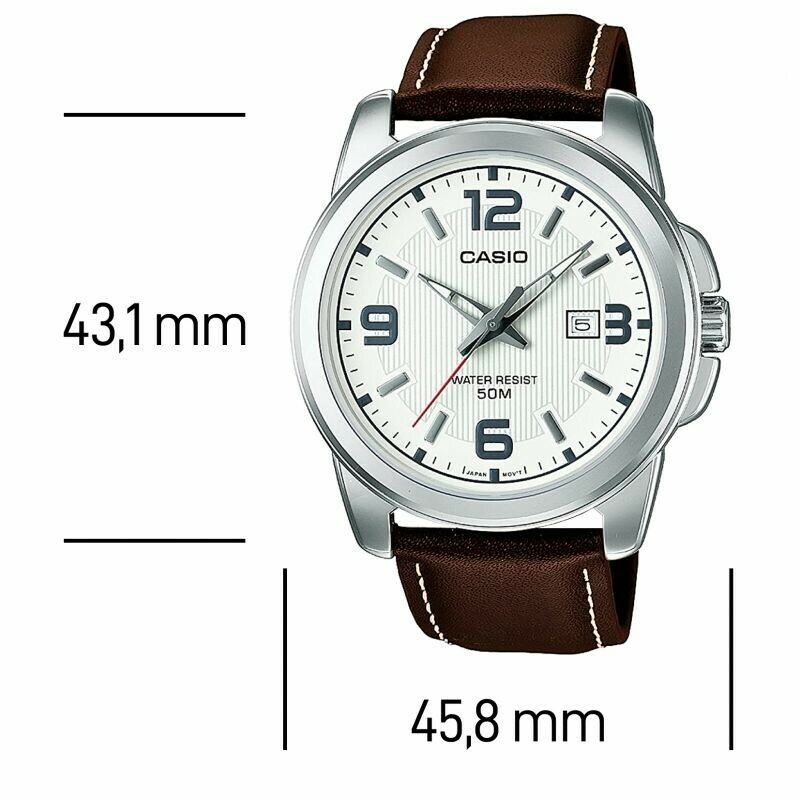 Montre Casio classique avec date bracelet cuir_mesures