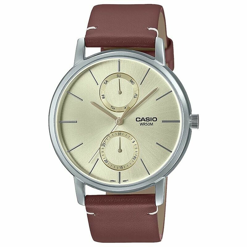 Montre Casio en cuir marron affichage de date boitier argent&eacute;