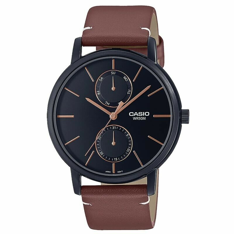 Montre Casio en cuir marron affichage de date boitier noir