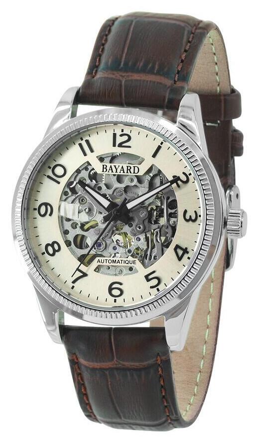Montre automatique squelette marron bracelet cuir Bayard